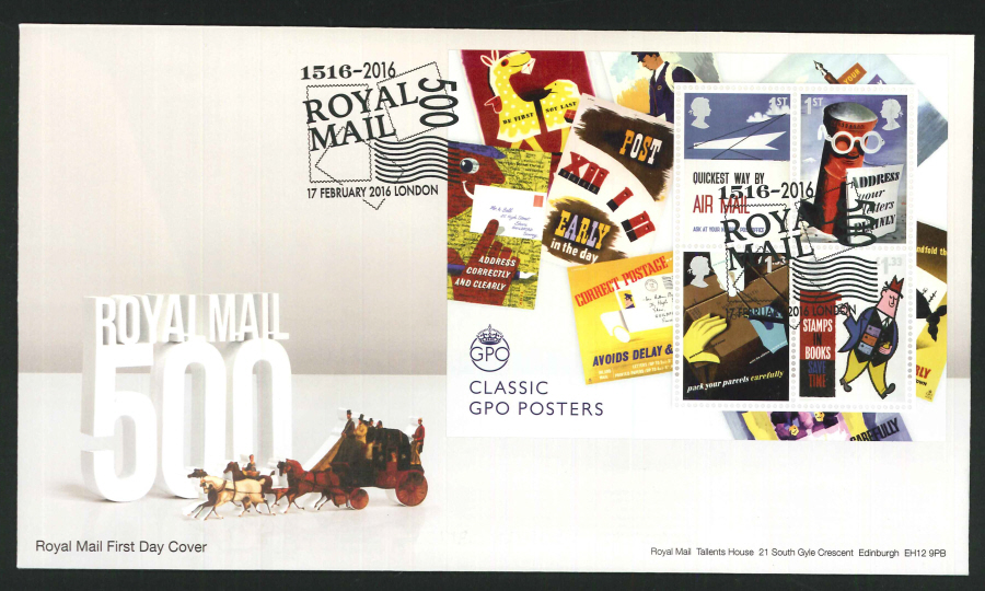 2016 - Royal Mail 500 Years First Day Cover Mini Sheet - Royal Mail 500 London Postmark